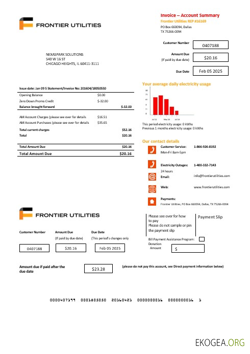 Modèle de facture de services publics pour entreprise USA Texas Frontier Utilities aux formats Word et PDF
